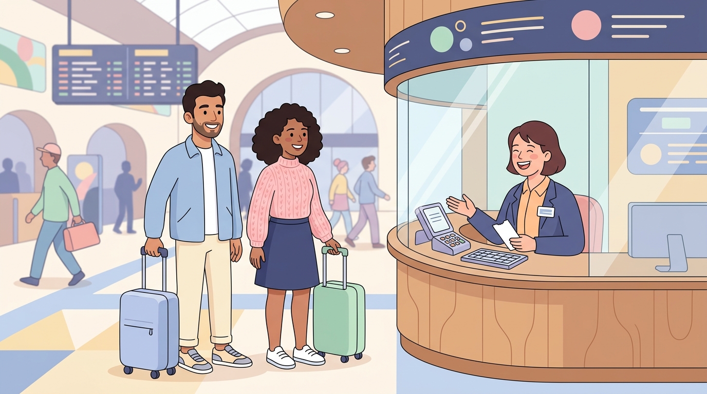 Karim et Yara devant le guichet de la gare, avec leurs bagages